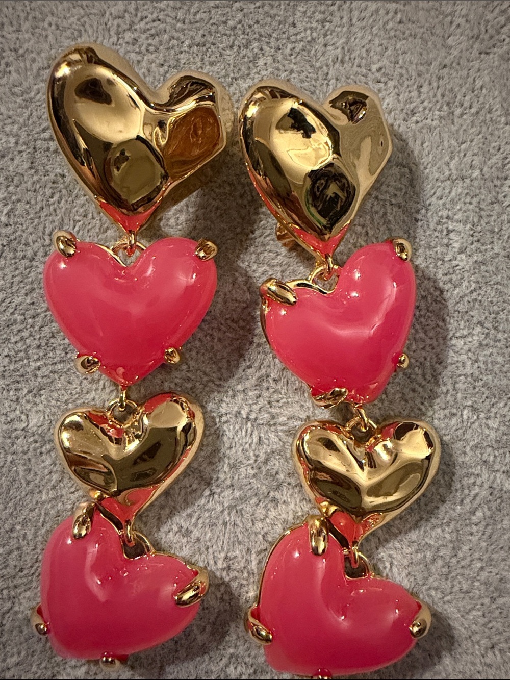 Gold and Pink Triple Heart Drop Earrings